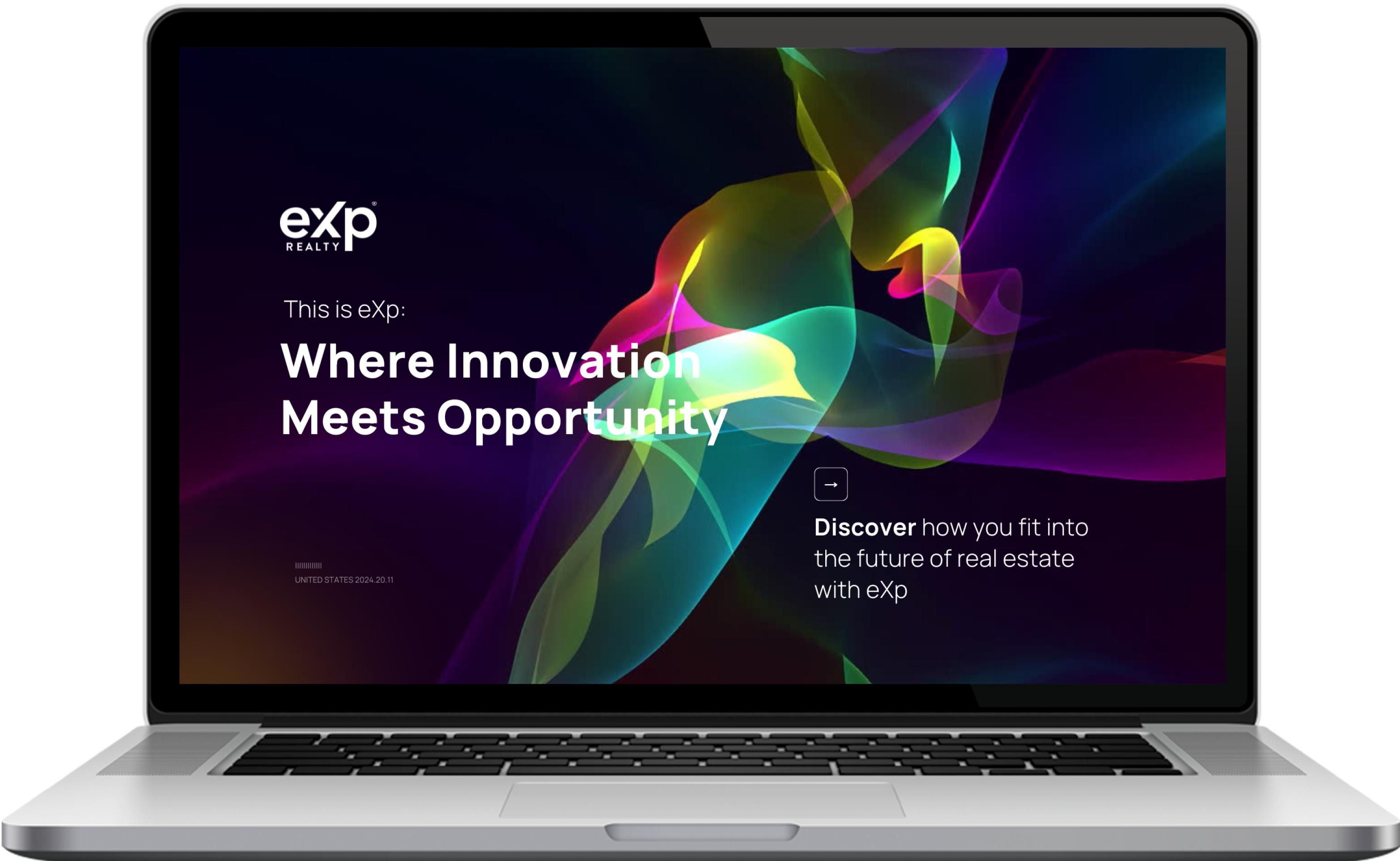 A laptop screen displaying a presentation titled "Build For Your Future with eXp Realty," featuring two women holding hands on stage.