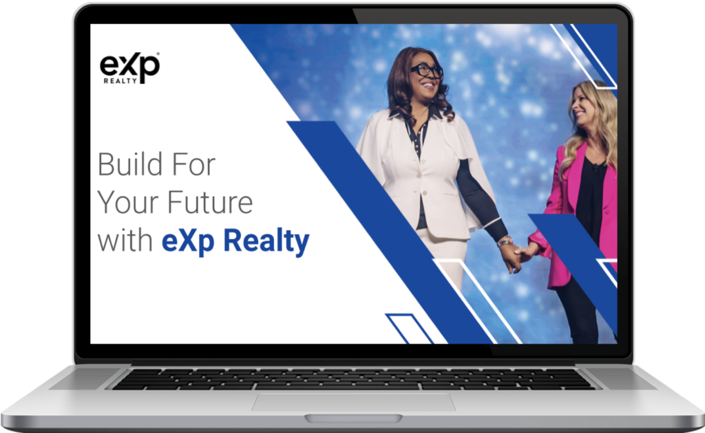 A laptop screen displaying a presentation titled "Build For Your Future with eXp Realty," featuring two women holding hands on stage.