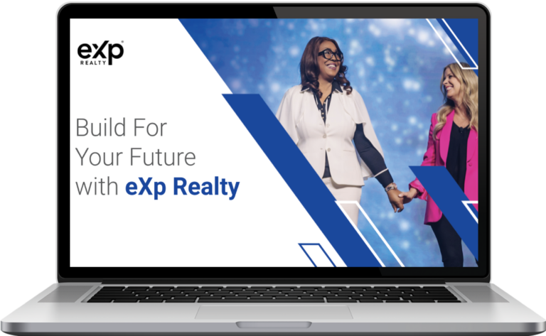 A laptop screen displaying a presentation titled "Build For Your Future with eXp Realty," featuring two women holding hands on stage.