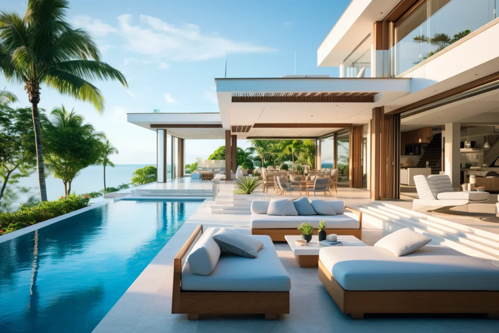 A luxurious outdoor patio and pool area at a modern beachfront home.